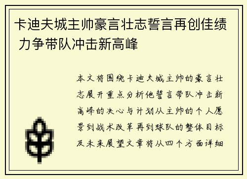 卡迪夫城主帅豪言壮志誓言再创佳绩 力争带队冲击新高峰