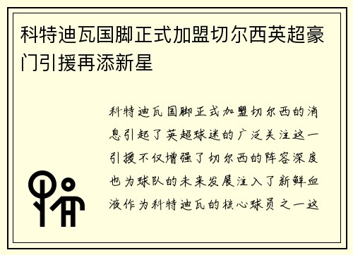 科特迪瓦国脚正式加盟切尔西英超豪门引援再添新星