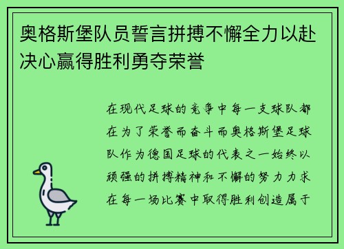奥格斯堡队员誓言拼搏不懈全力以赴决心赢得胜利勇夺荣誉