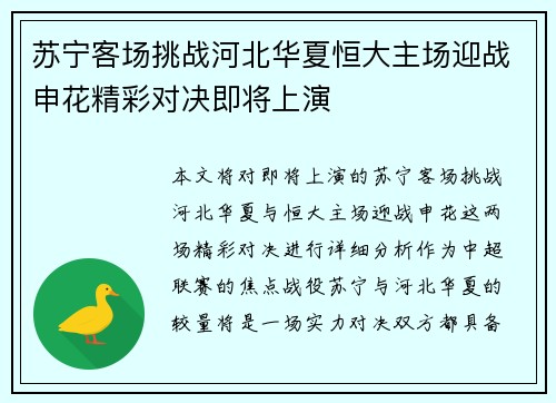 苏宁客场挑战河北华夏恒大主场迎战申花精彩对决即将上演
